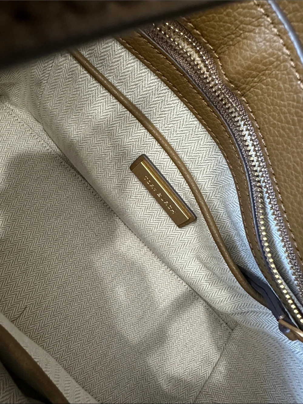 Tory Burch Olive-Toned Brown Pebbled Leather Tote with Gold Logo